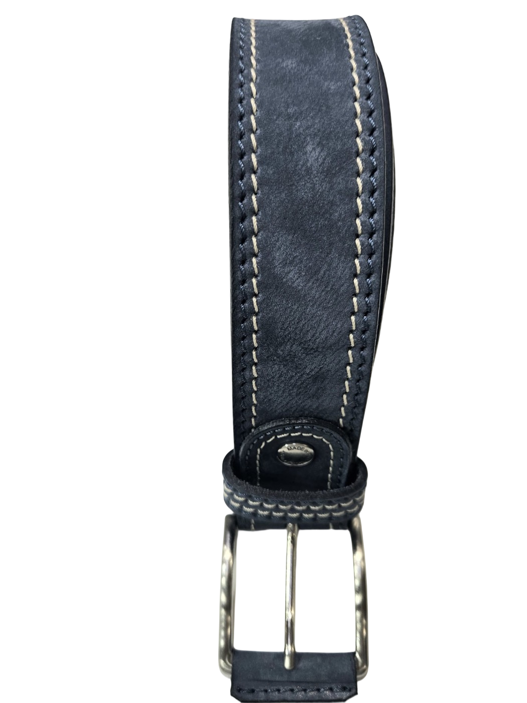 Cintura jeans uomo in pelle Nabuk con cuciture a contrasto