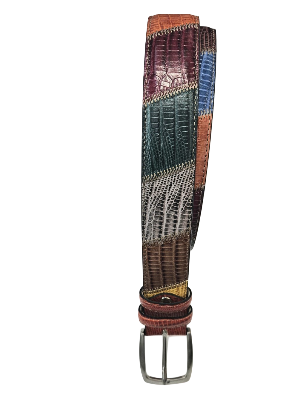 Cintura pachworch in pelle stampo lucertola.